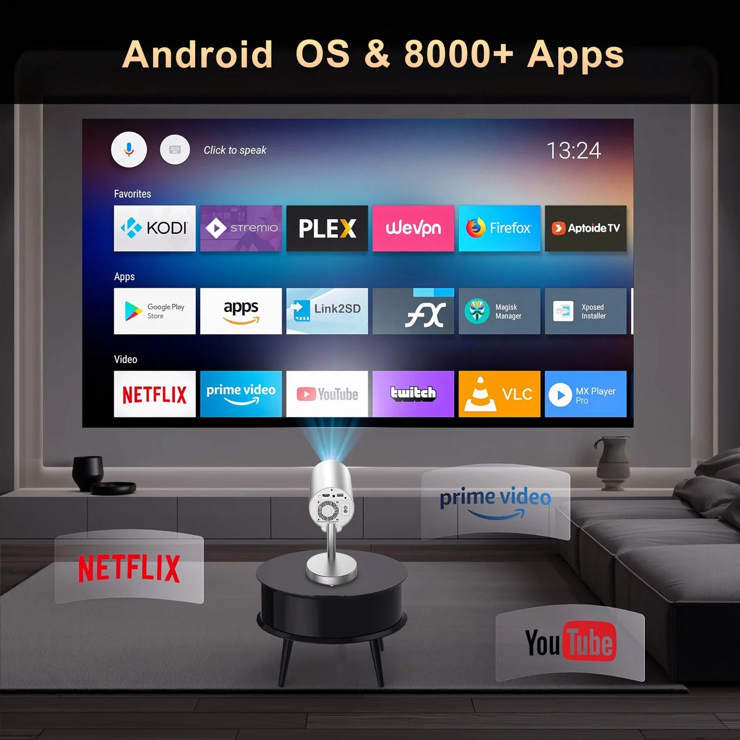 Smart Mini Projector Native 720P Support 1080P 4K Video Android13 WiFi Bluetooth Electronic Focus Ceiling Projection