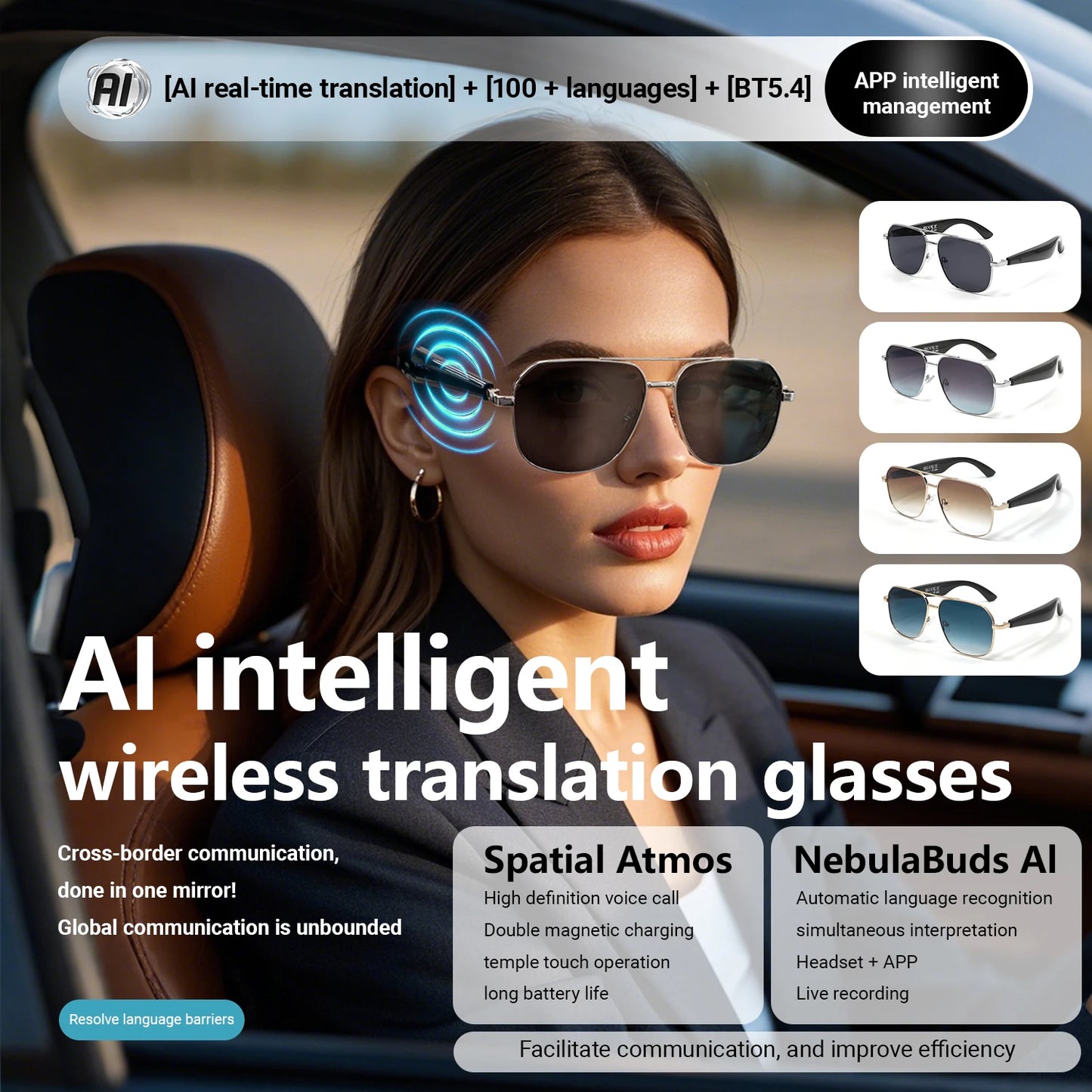 AI Smart Translate Eyeglasses UV Protect Bluetooth Call Voice Assistant Receive Call Listen Songs Remote Camera Smart Glasses