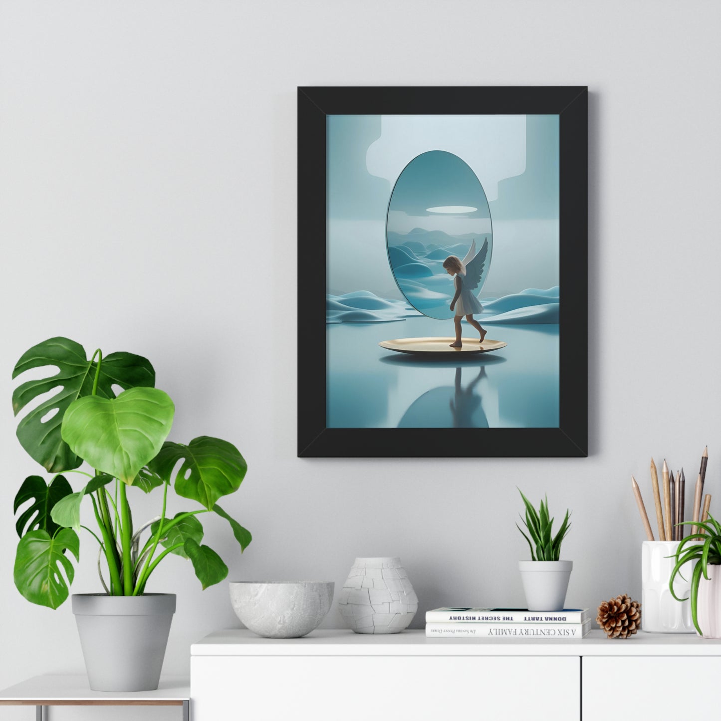 "Between Wings and Wonder: A Reluctant Angel Meets His Reflection in the Future", Ethereal Artwork, Inspirational Wall Decor, Home Aesthetic, Unique Gift for Art Lovers