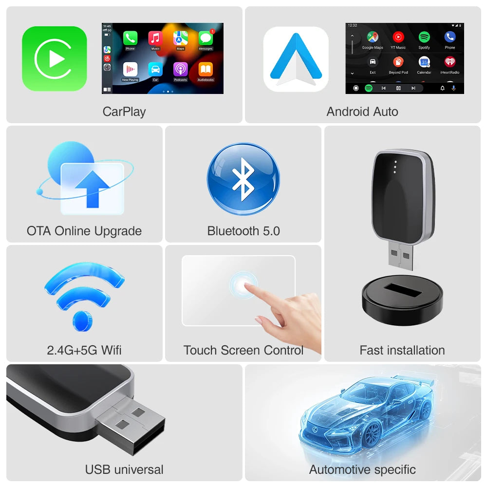 2025 NEZANEZA 2 in 1 Wireless CarPlay Adapter for OME Wired to Wireless CarPlay Android Auto Plug and Play for VW Honda Toyota
