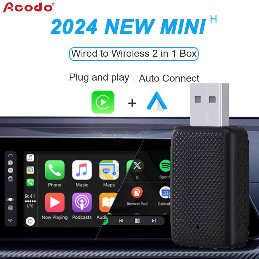 Acodo New Wireless CarPlay Android Auto Car Adapter Plug and Play Smart Mini Box WiFi Connect Universal Bluetooth Fast Connect