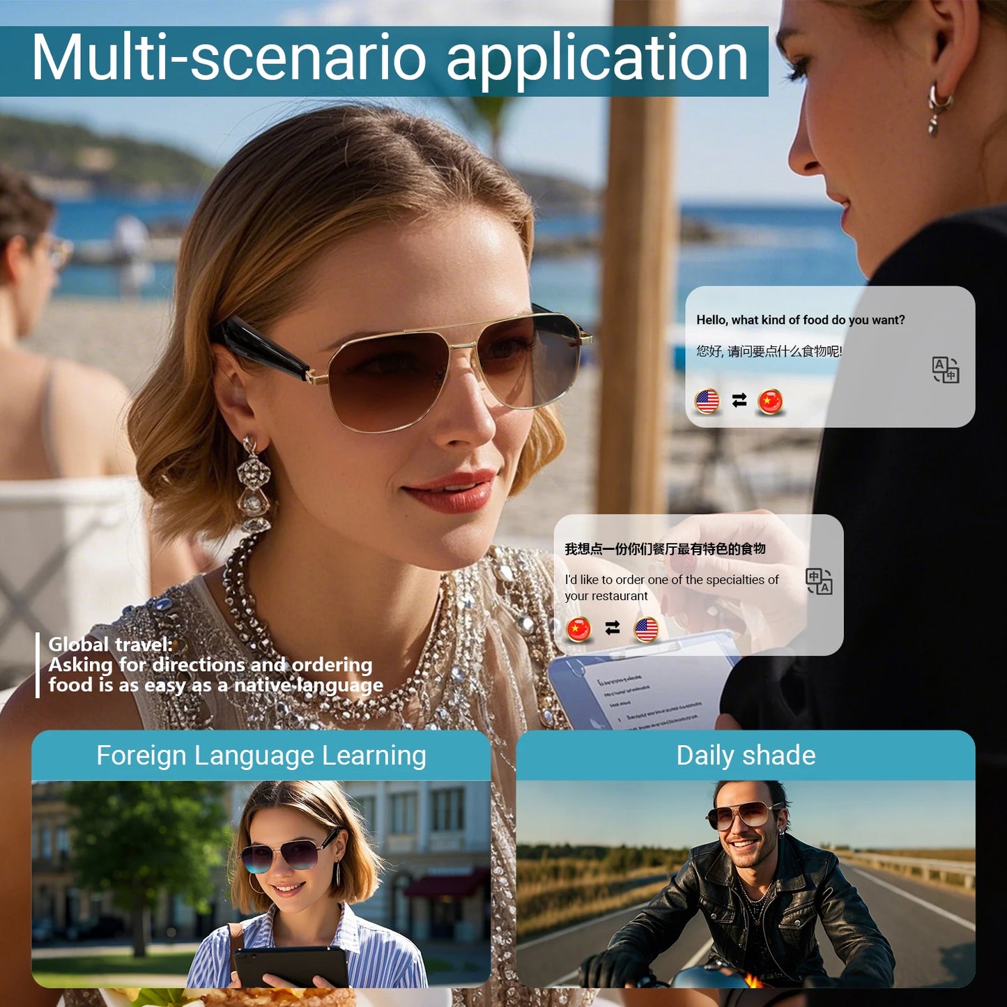 AI Smart Translate Eyeglasses UV Protect Bluetooth Call Voice Assistant Receive Call Listen Songs Remote Camera Smart Glasses