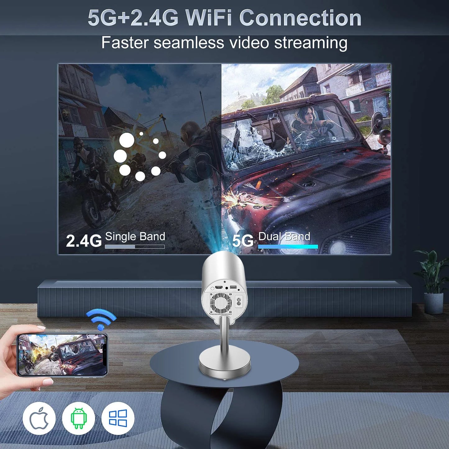 Smart Mini Projector Native 720P Support 1080P 4K Video Android13 WiFi Bluetooth Electronic Focus Ceiling Projection