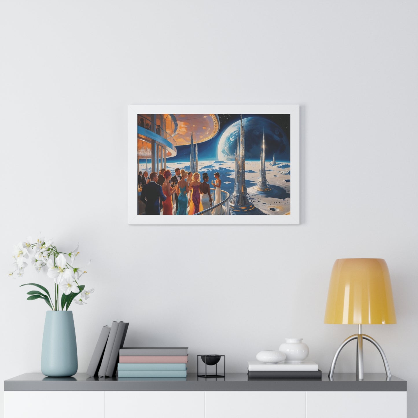 Space Art for Home Decor "Party on the moon" , framed 11" x 8.5", Modern Home Art, Unique Gift, Beach House Wall Art, Stylish Decor