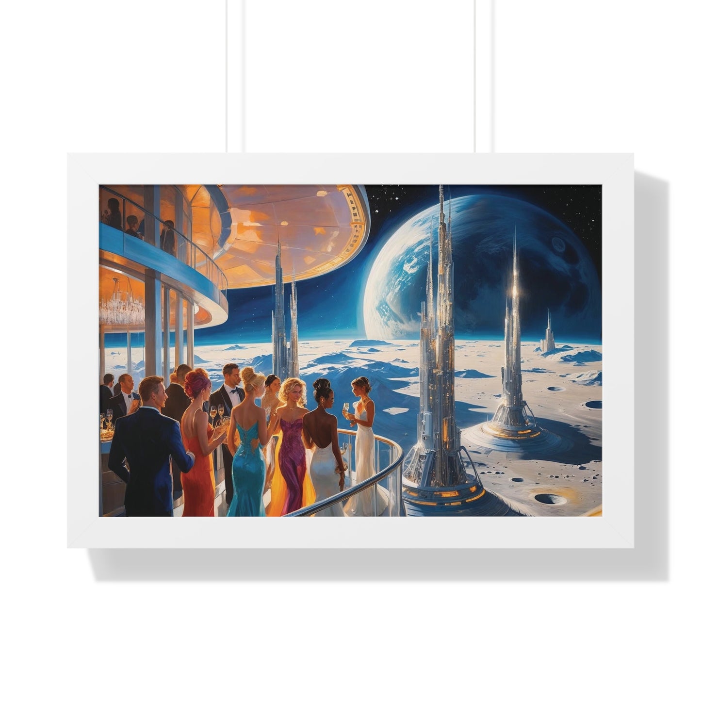 Space Art for Home Decor "Party on the moon" , framed 11" x 8.5", Modern Home Art, Unique Gift, Beach House Wall Art, Stylish Decor