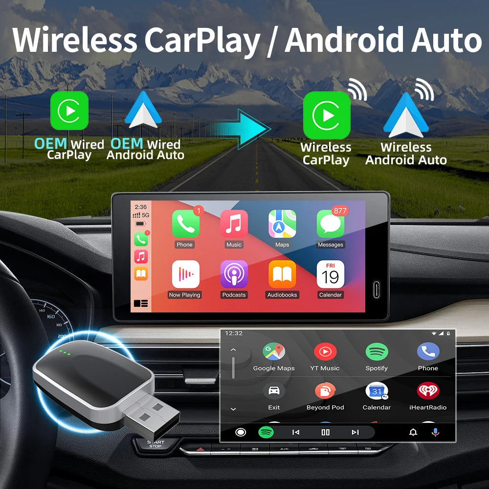 2025 NEZANEZA 2 in 1 Wireless CarPlay Adapter for OME Wired to Wireless CarPlay Android Auto Plug and Play for VW Honda Toyota