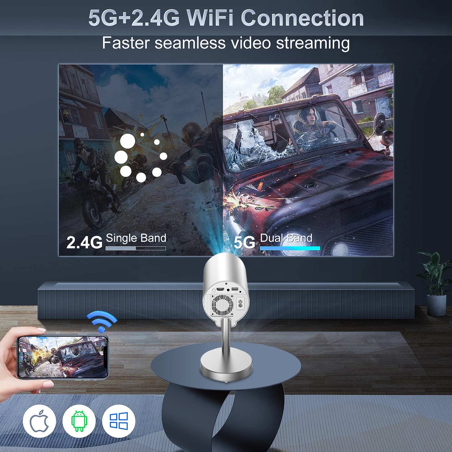 Smart Projector 1080P Android13 Wifi Support 4K Low Noise Portable Hidden Bracket Projector for Home Bedroom Outdoor