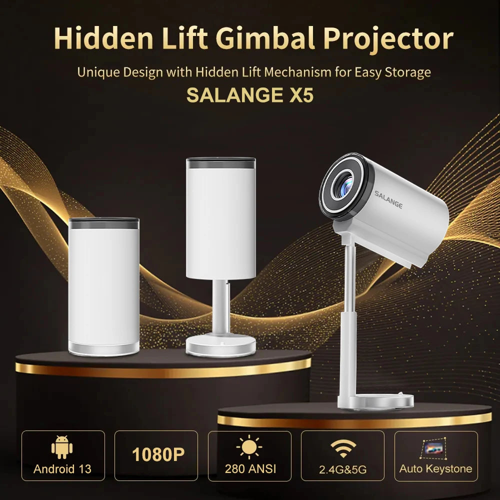 Smart Projector 1080P Android13 Wifi Support 4K Low Noise Portable Hidden Bracket Projector for Home Bedroom Outdoor