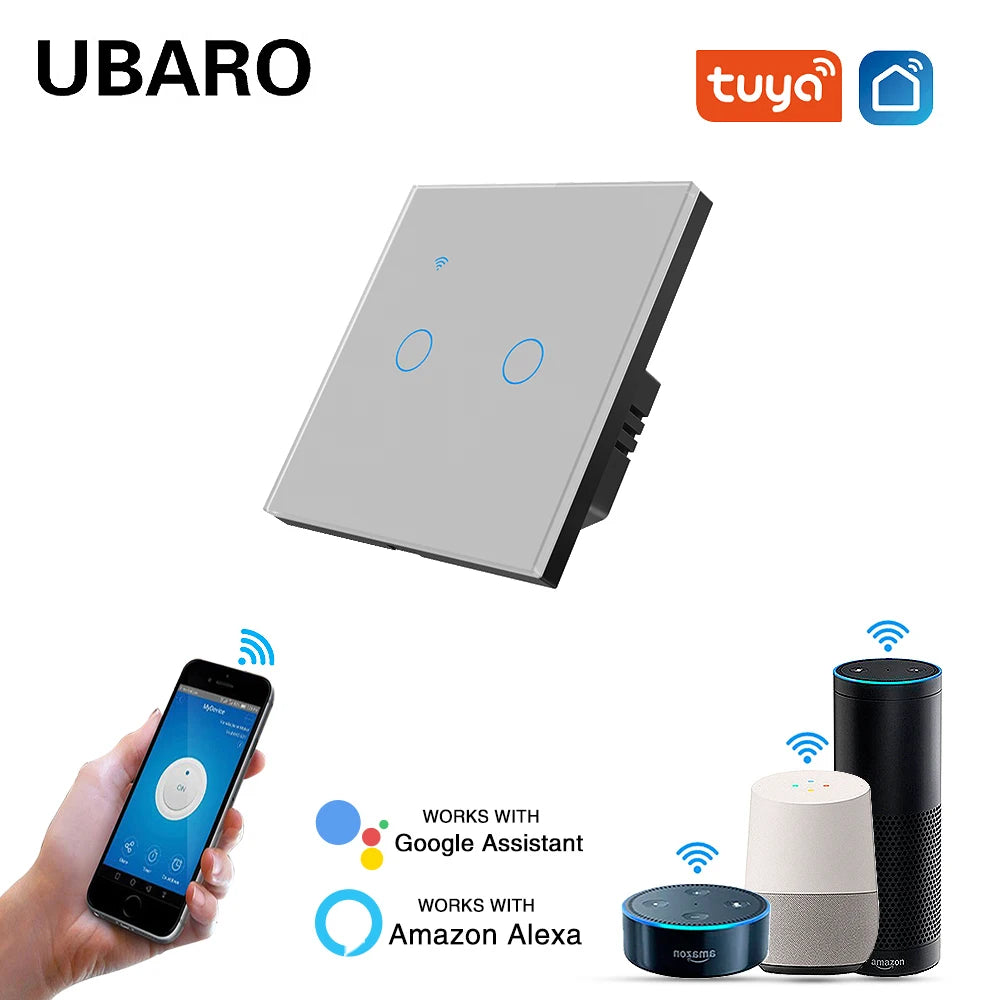 2Gang UBARO Tuya Smart Home WIFI Wall Light Switch Work With Google Assistant  Alexa Yandex Alice Voice Control Sensor Buttons