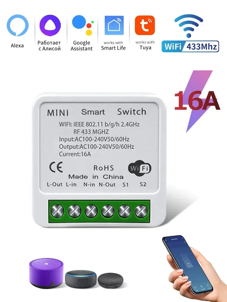 WiFi Smart Switch RF433Mhz Module Relay Breaker 16A 20A Tuya Smart Life APP Alexa Google Assistant Voice Control 2-way Control