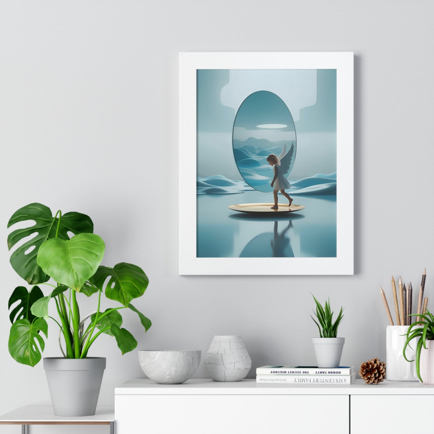 "Between Wings and Wonder: A Hesitant Angel Meets His Reflection in the Future", Ethereal Artwork, Inspirational Wall Decor, Home Aesthetic, Unique Gift for Art Lovers