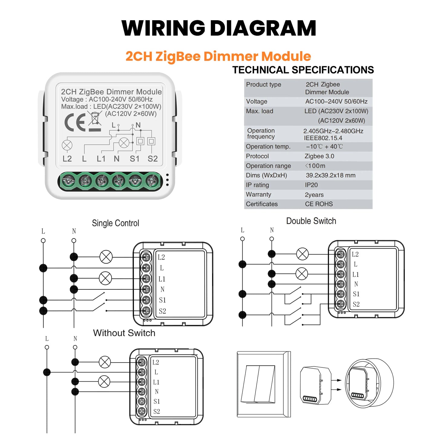 GIRIER Tuya Smart WiFi ZigBee 3.0 Dimmer Switch Module Support Two-way Control Dimmable Switch Compatible with Alexa Google Home