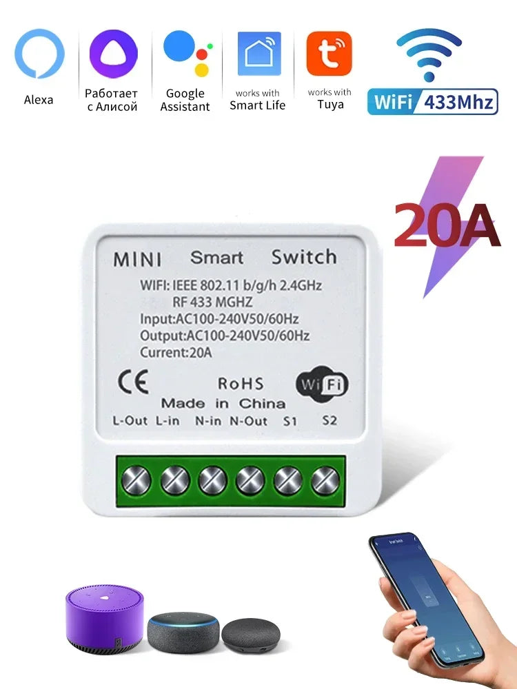 WiFi Smart Switch RF433Mhz Module Relay Breaker 16A 20A Tuya Smart Life APP Alexa Google Assistant Voice Control 2-way Control