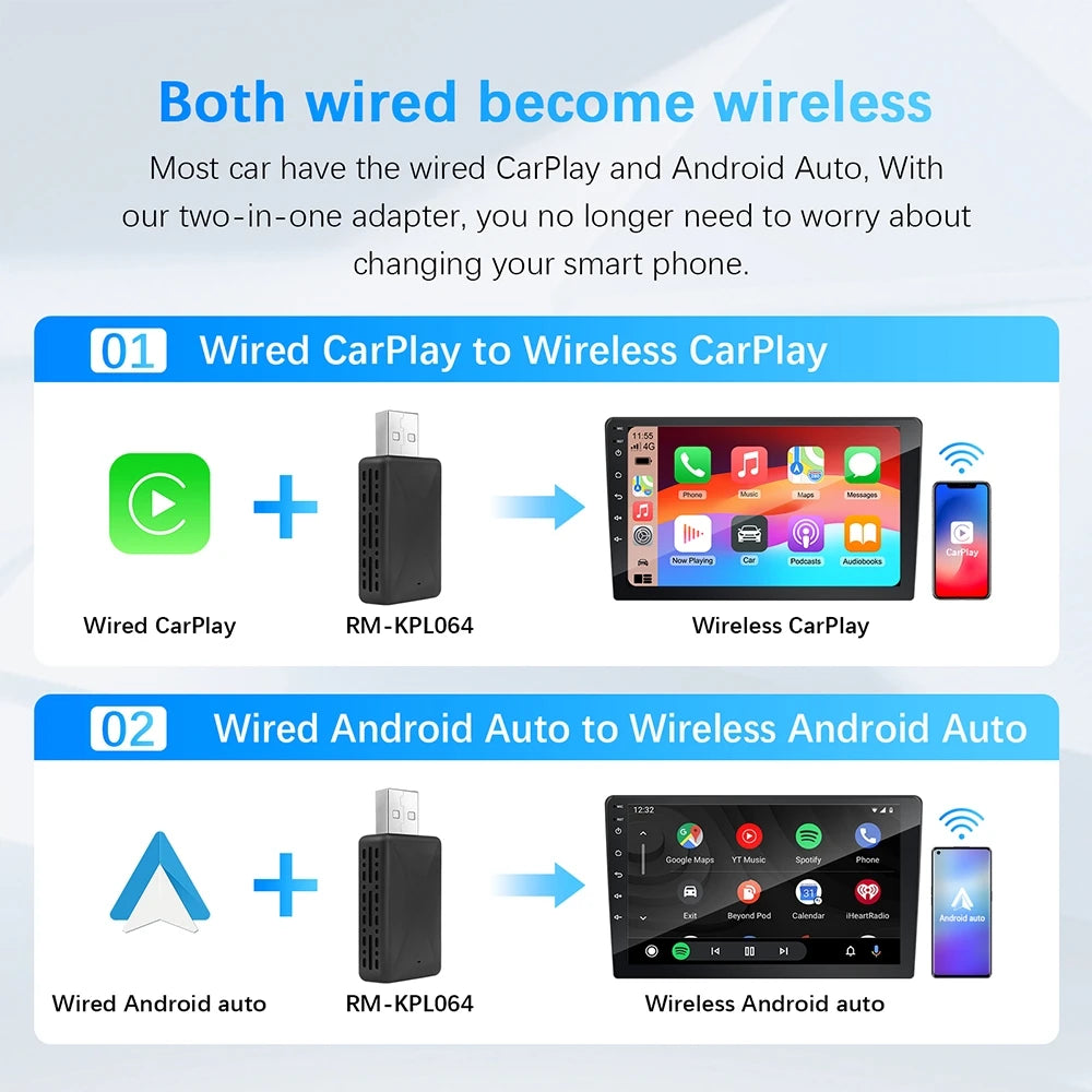 Mini 2 in 1 Ai Box Wired to Wireless CarPlay & Android Auto Adapter 5Ghz WiFi Type-C/USB Plug & Play Non-inductive Connection