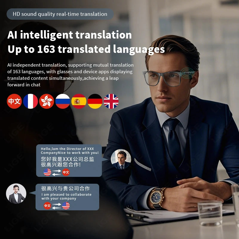 LIGE Smart Glasses AI Intelligent Real-time Translation Bluetooth 6.0 Sunglasses Outdoor Sport Earphone Calling Music Eyeglasses