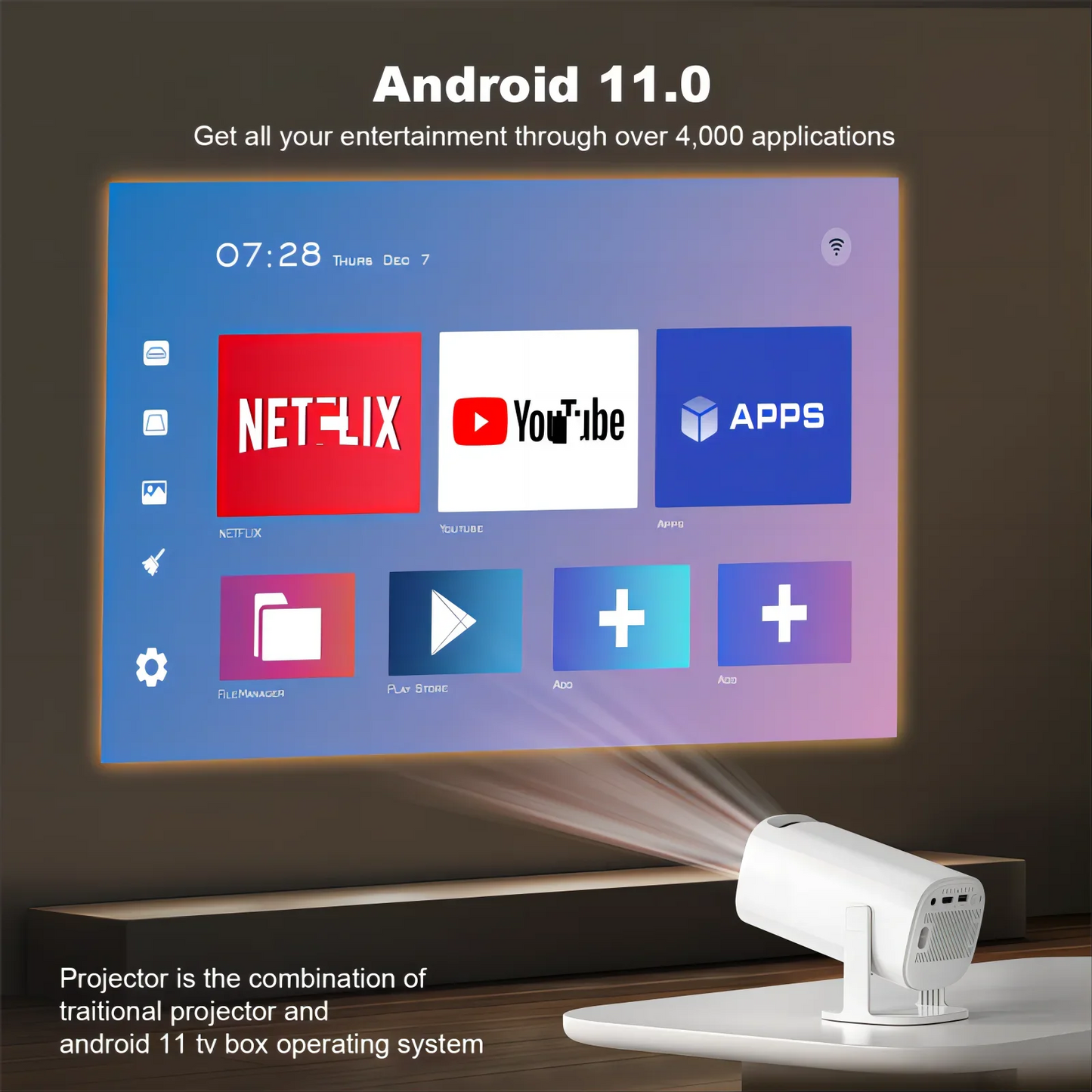 4K Projector Wifi6 BT5.4 Auto Focus Correction Smart Android11 720P Home Theater Pocket Outdoor Beamer for 1080P Movie