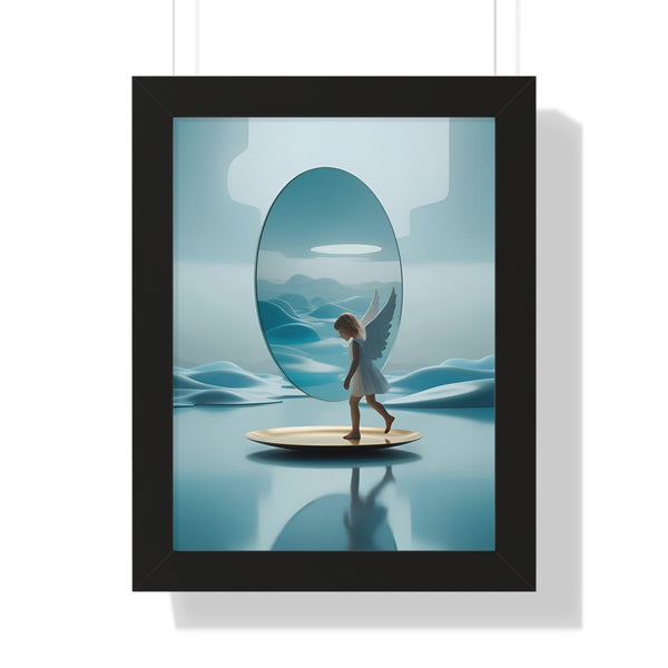 "Between Wings and Wonder: A Hesitant Angel Meets His Reflection in the Future", Ethereal Artwork, Inspirational Wall Decor, Home Aesthetic, Unique Gift for Art Lovers