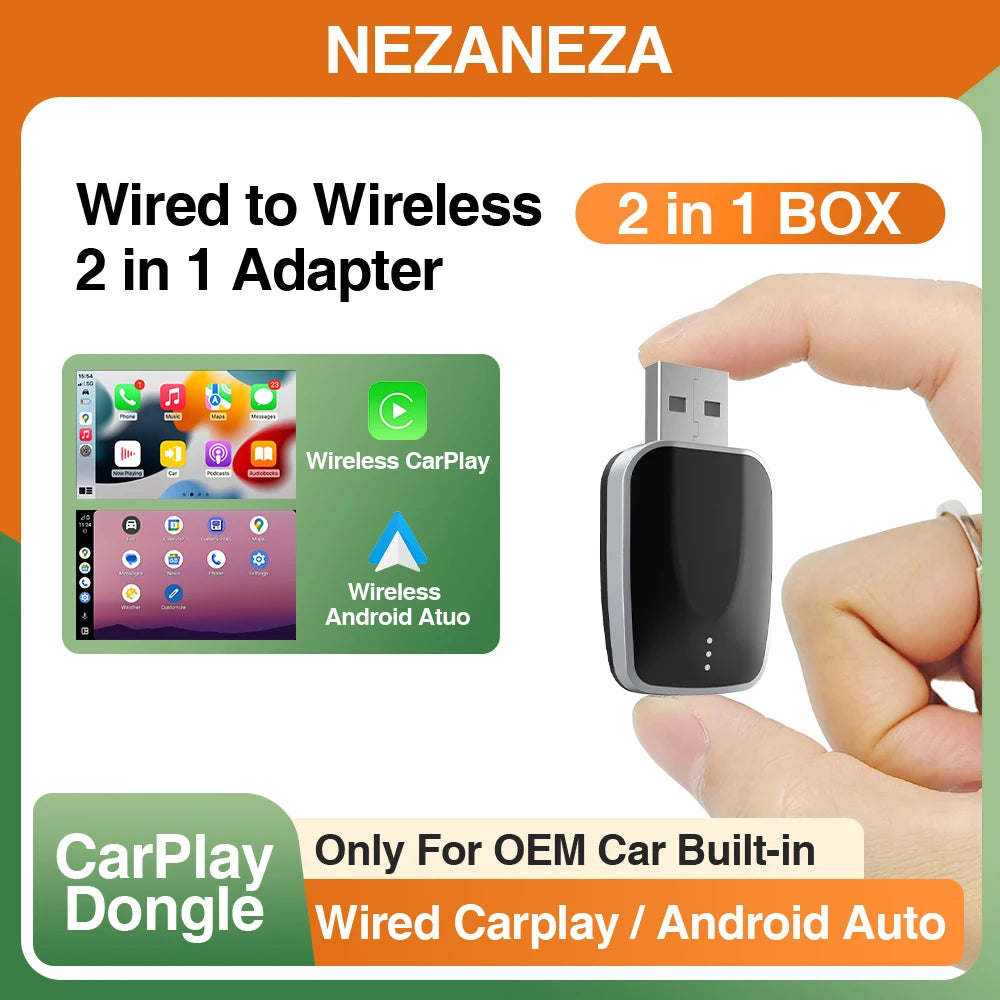 2025 NEZANEZA 2 in 1 Wireless CarPlay Adapter for OME Wired to Wireless CarPlay Android Auto Plug and Play for VW Honda Toyota