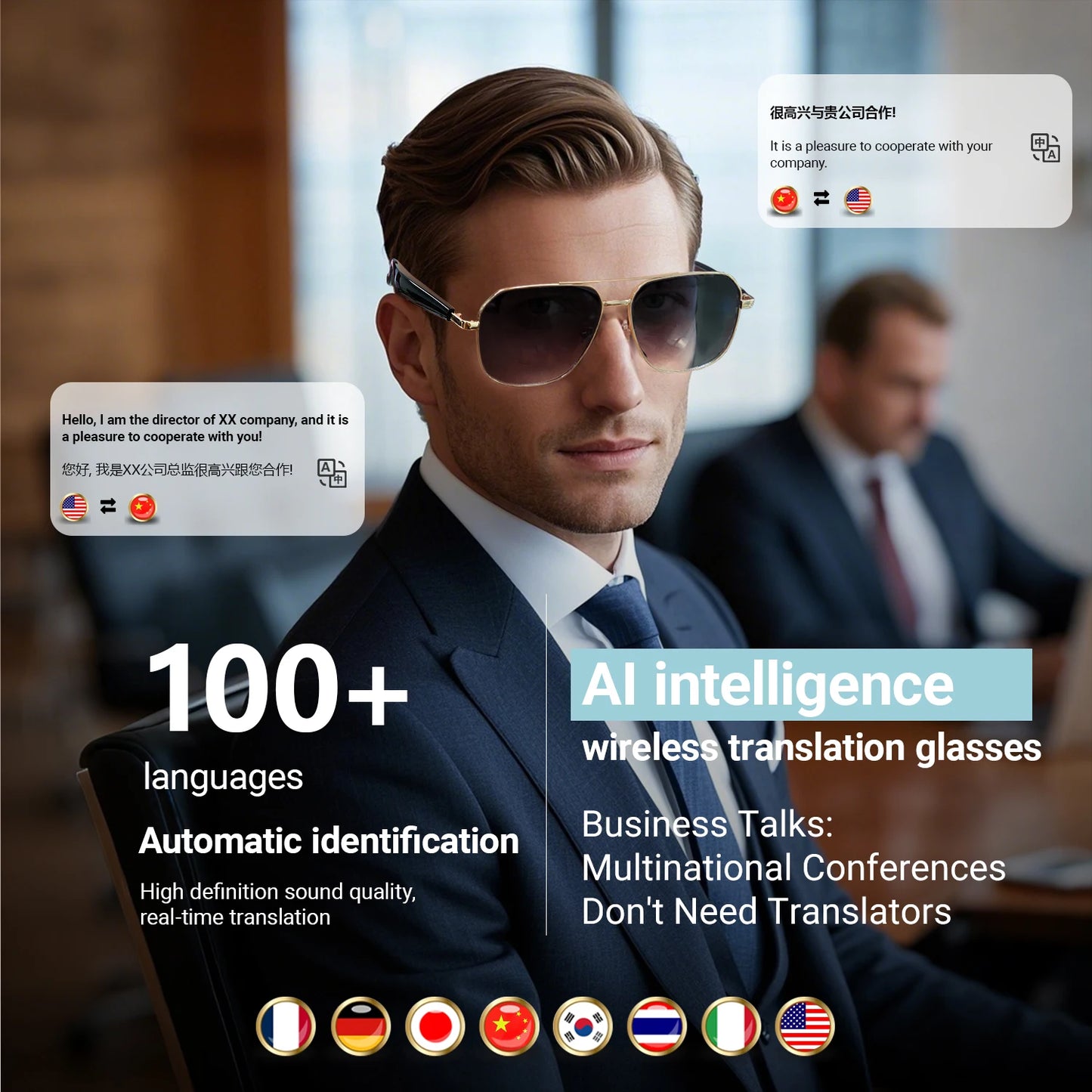 AI Smart Translate Eyeglasses UV Protect Bluetooth Call Voice Assistant Receive Call Listen Songs Remote Camera Smart Glasses