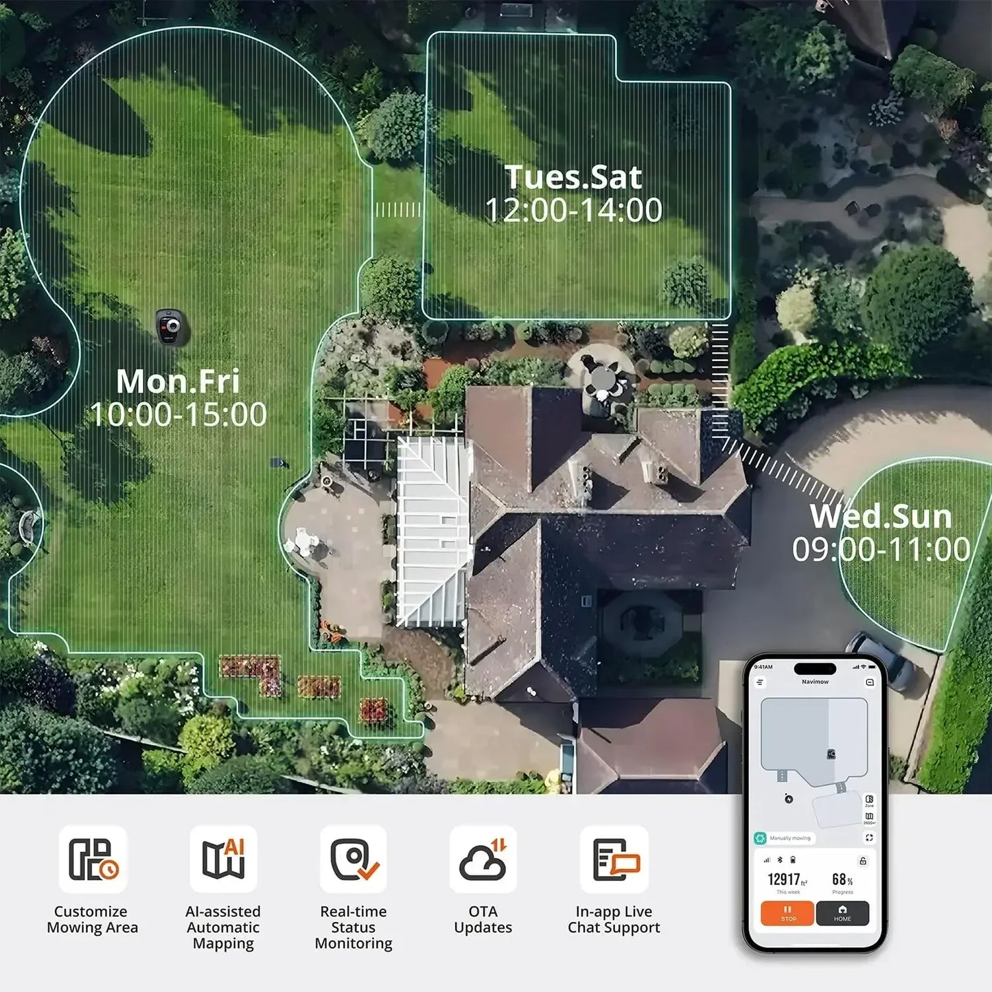 i110N Robot Lawn Mower Perimeter Wire Free 1/4 Acre RTK+Vision Robotic Lawnmower, AI-Assisted Mapping, Virtual Boundary