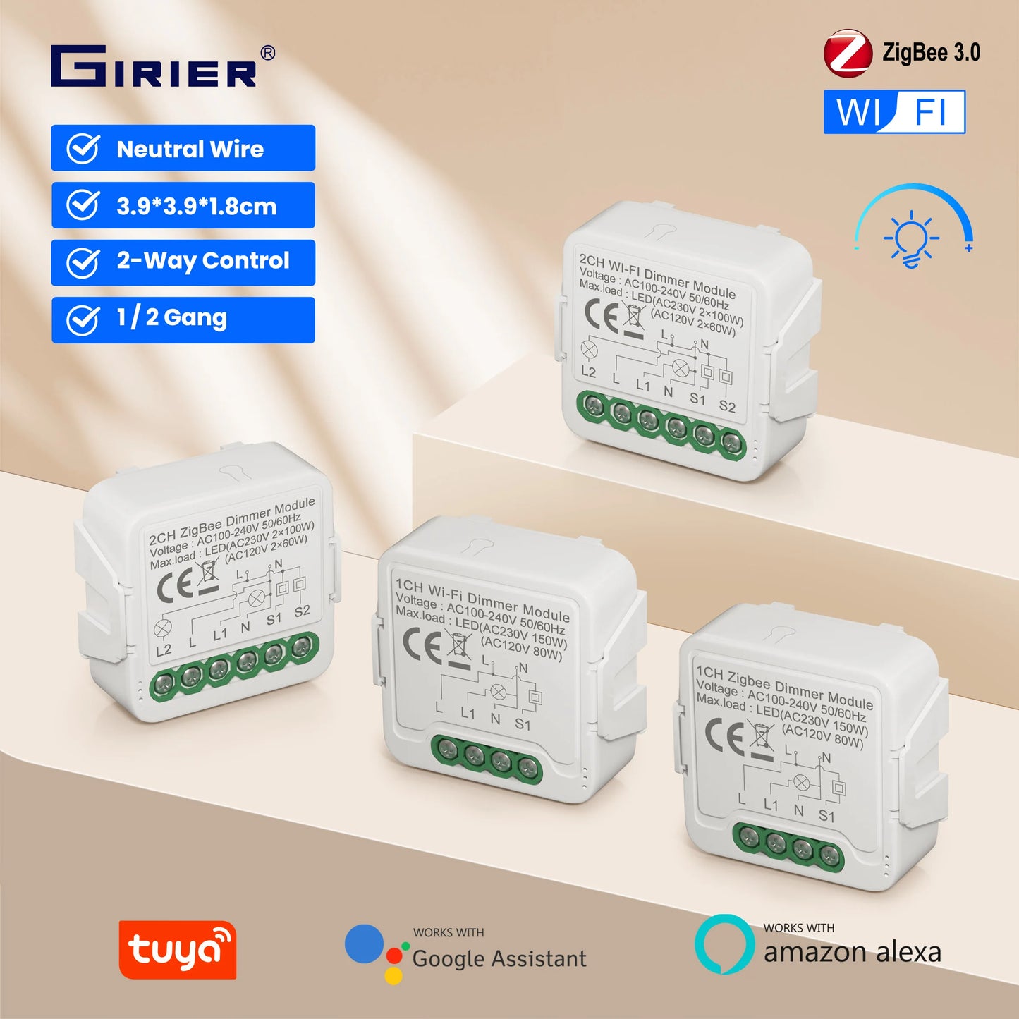 GIRIER Tuya Smart WiFi ZigBee 3.0 Dimmer Switch Module Support Two-way Control Dimmable Switch Compatible with Alexa Google Home