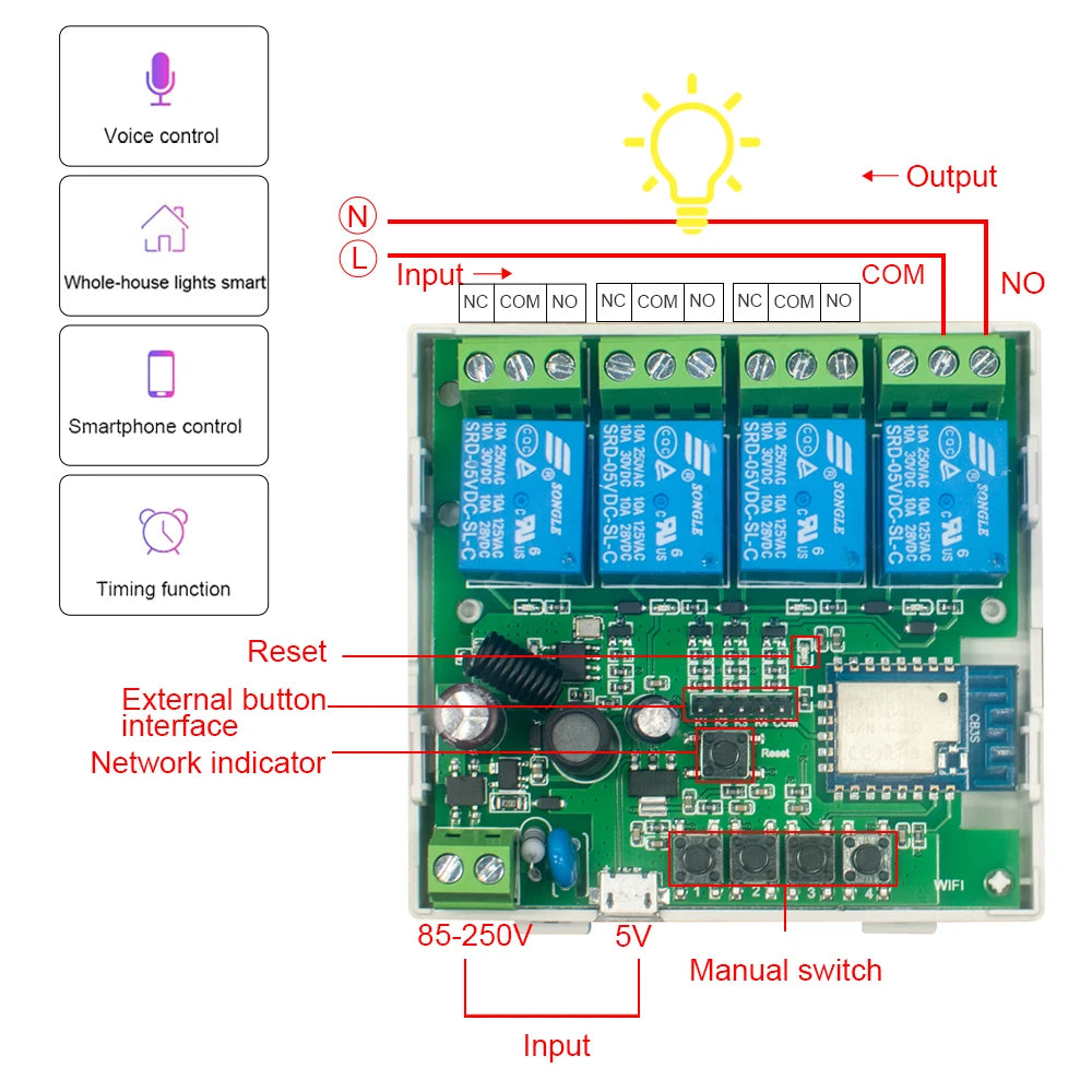 Tuya Smart Home Switch Garage Door Receiver 1/2/4CH 433 RF Motor Module AC DC 7-32V 85 To 250V 220V 10A Relay Self-Locking