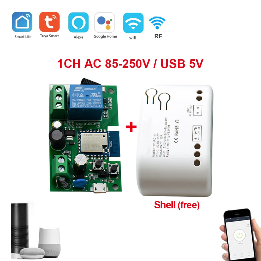 Tuya Smart Home Switch Garage Door Receiver 1/2/4CH 433 RF Motor Module AC DC 7-32V 85 To 250V 220V 10A Relay Self-Locking