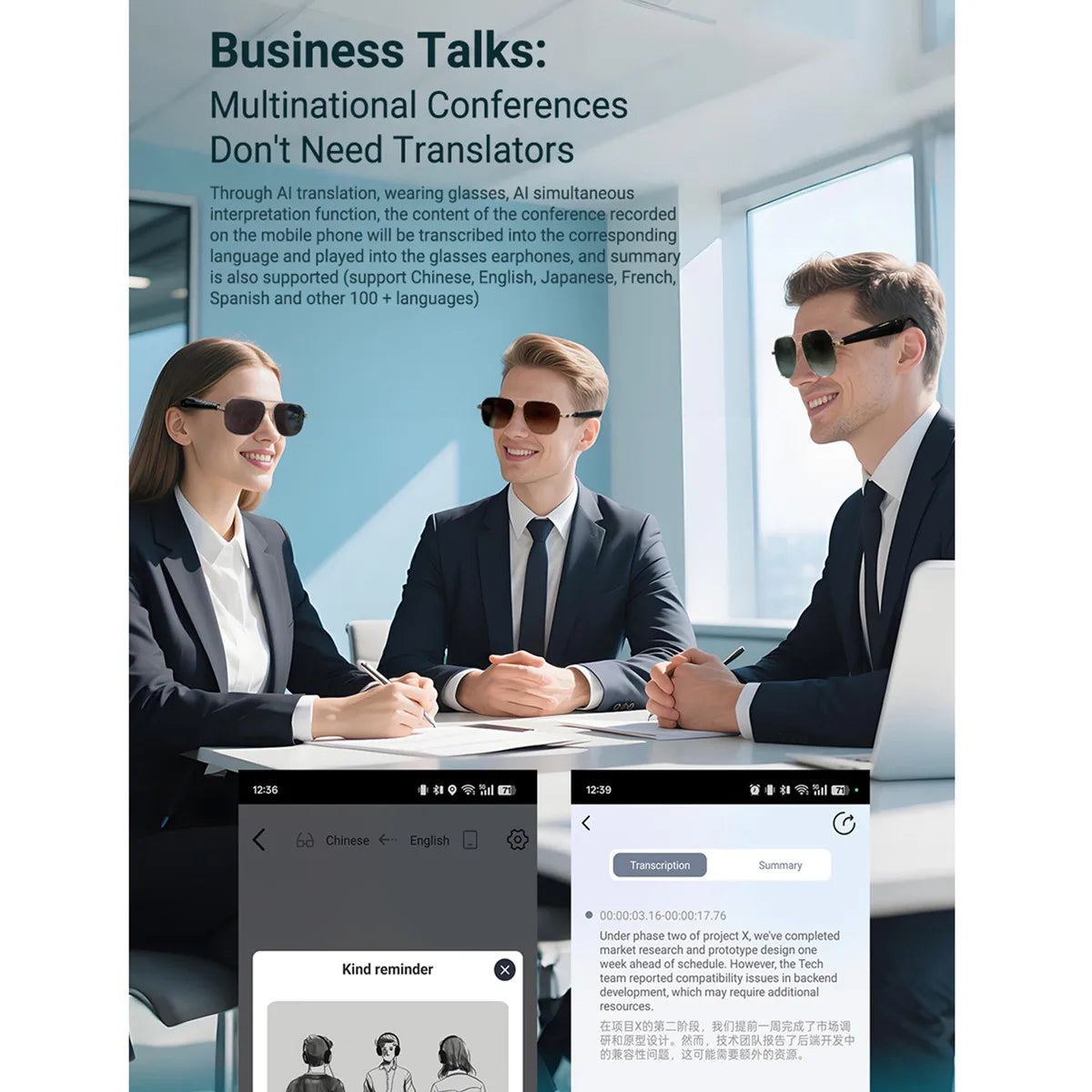 AI Smart Translate Eyeglasses UV Protect Bluetooth Call Voice Assistant Receive Call Listen Songs Remote Camera Smart Glasses