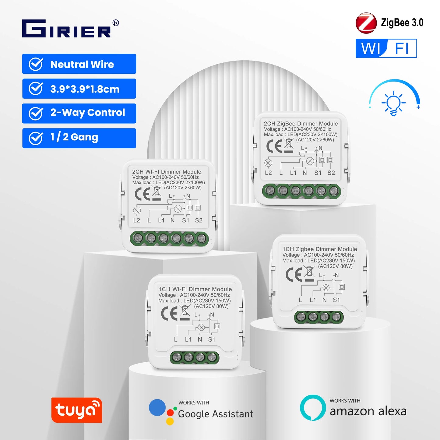 GIRIER Tuya ZigBee Smart Dimmer Switch Moudle WiFi Dimmable Switch Supports 2-way Control Works with Alexa Google Home Assistant