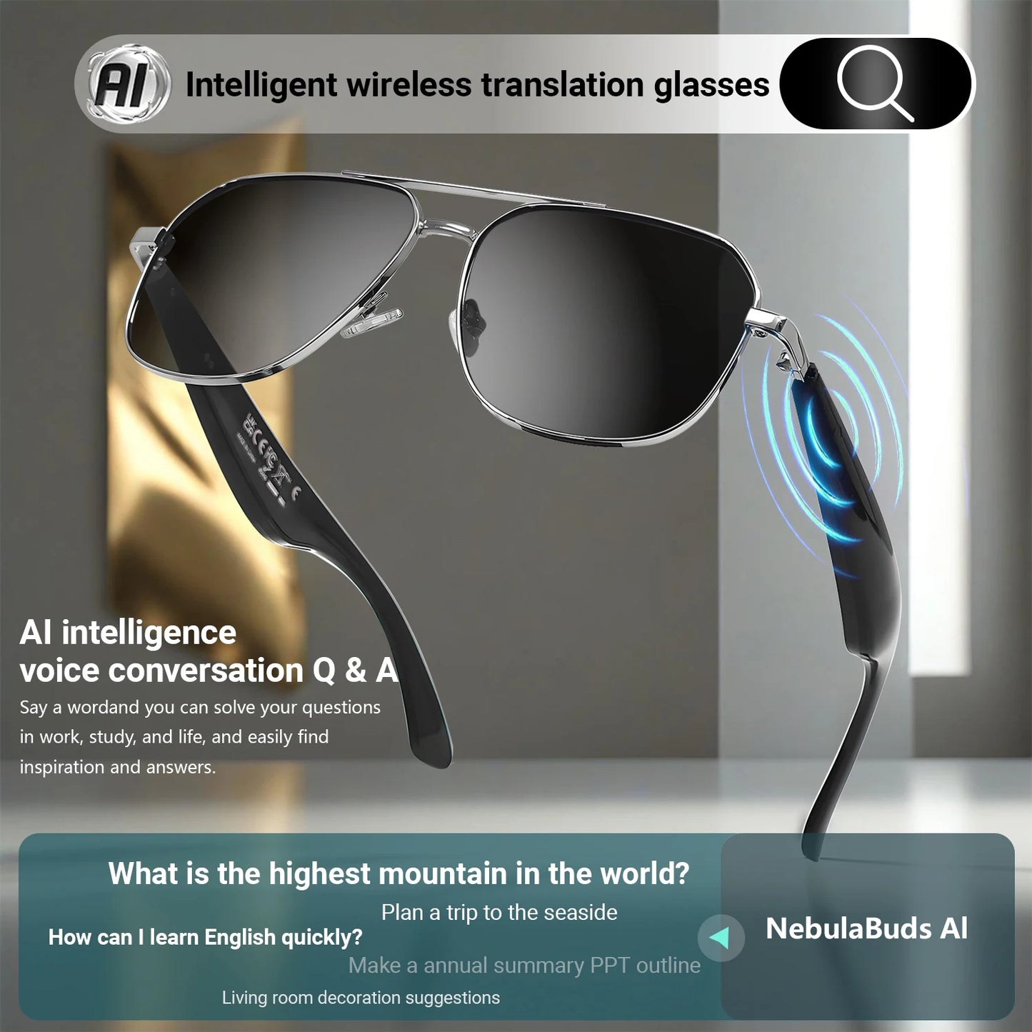 AI Smart Translate Eyeglasses UV Protect Bluetooth Call Voice Assistant Receive Call Listen Songs Remote Camera Smart Glasses