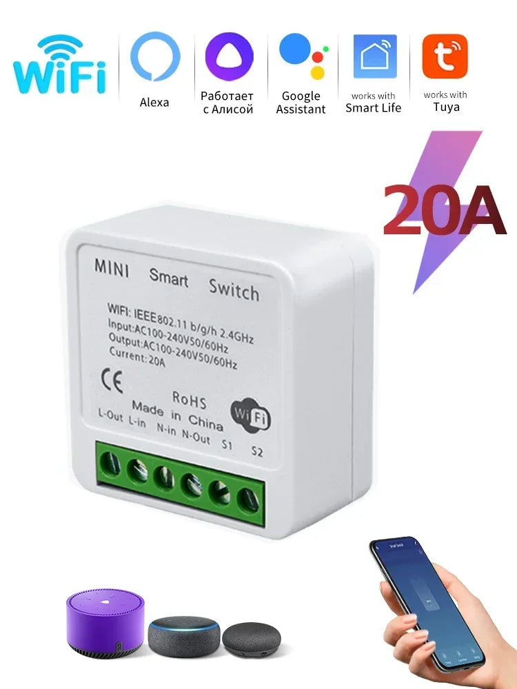 WiFi Smart Switch RF433Mhz Module Relay Breaker 16A 20A Tuya Smart Life APP Alexa Google Assistant Voice Control 2-way Control