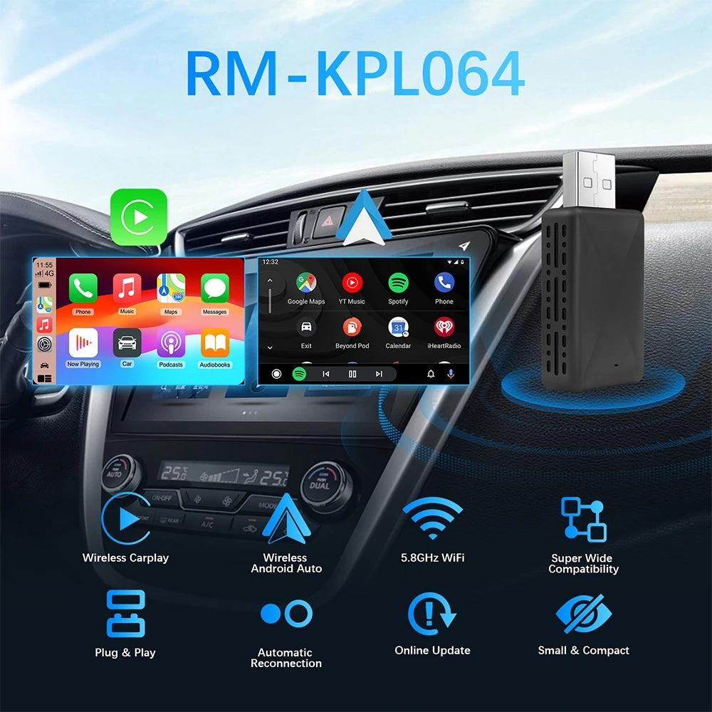 Mini 2 in 1 Ai Box Wired to Wireless CarPlay & Android Auto Adapter 5Ghz WiFi Type-C/USB Plug & Play Non-inductive Connection