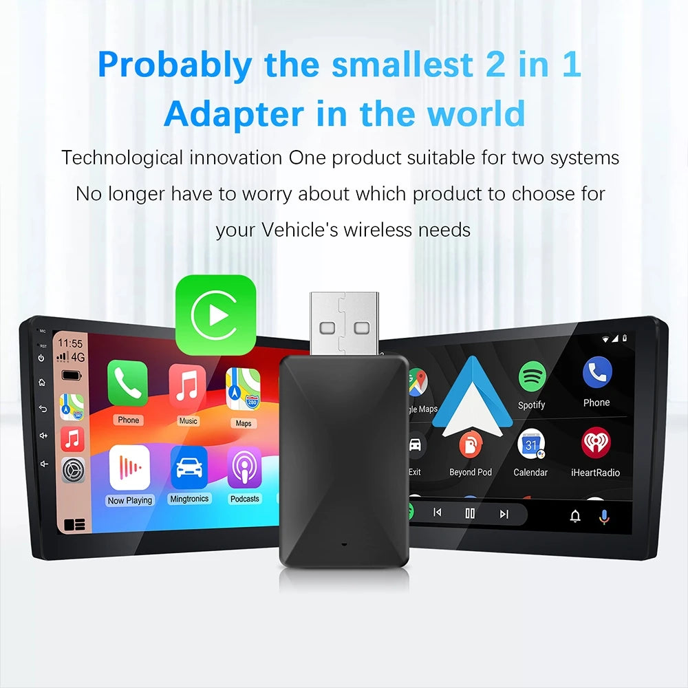 Mini 2 in 1 Ai Box Wired to Wireless CarPlay & Android Auto Adapter 5Ghz WiFi Type-C/USB Plug & Play Non-inductive Connection