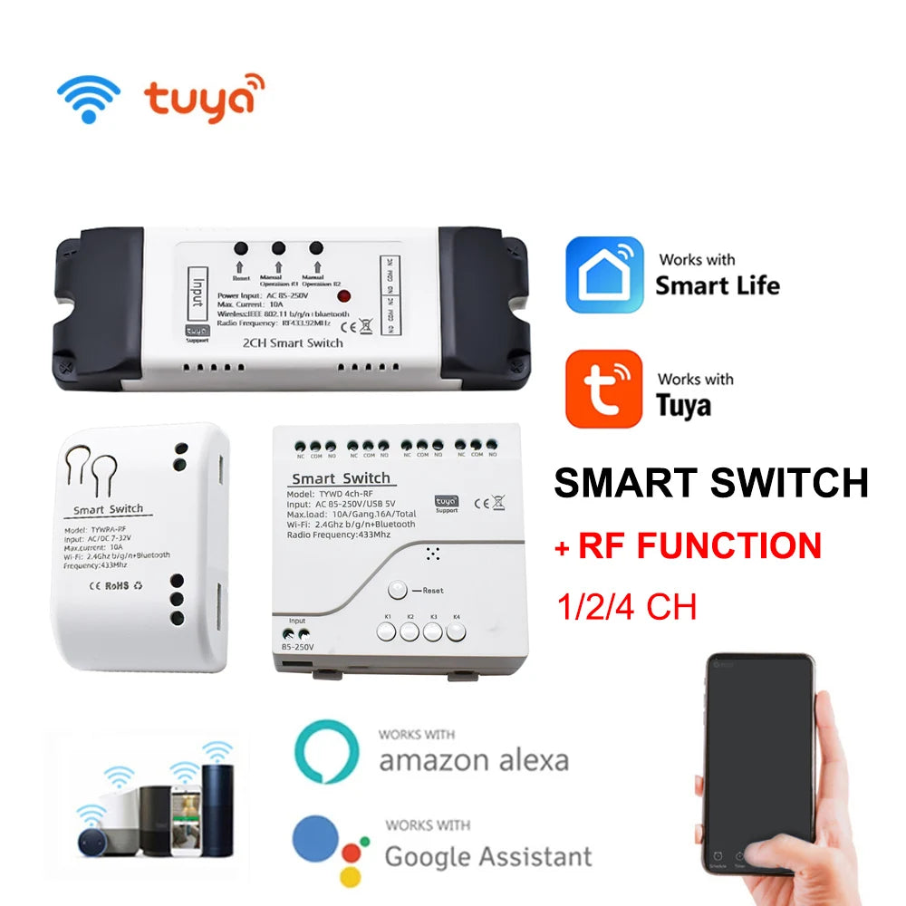 Tuya Smart Home Switch Garage Door Receiver 1/2/4CH 433 RF Motor Module AC DC 7-32V 85 To 250V 220V 10A Relay Self-Locking