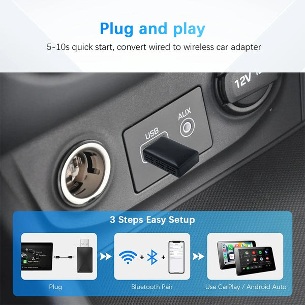 Mini 2 in 1 Ai Box Wired to Wireless CarPlay & Android Auto Adapter 5Ghz WiFi Type-C/USB Plug & Play Non-inductive Connection