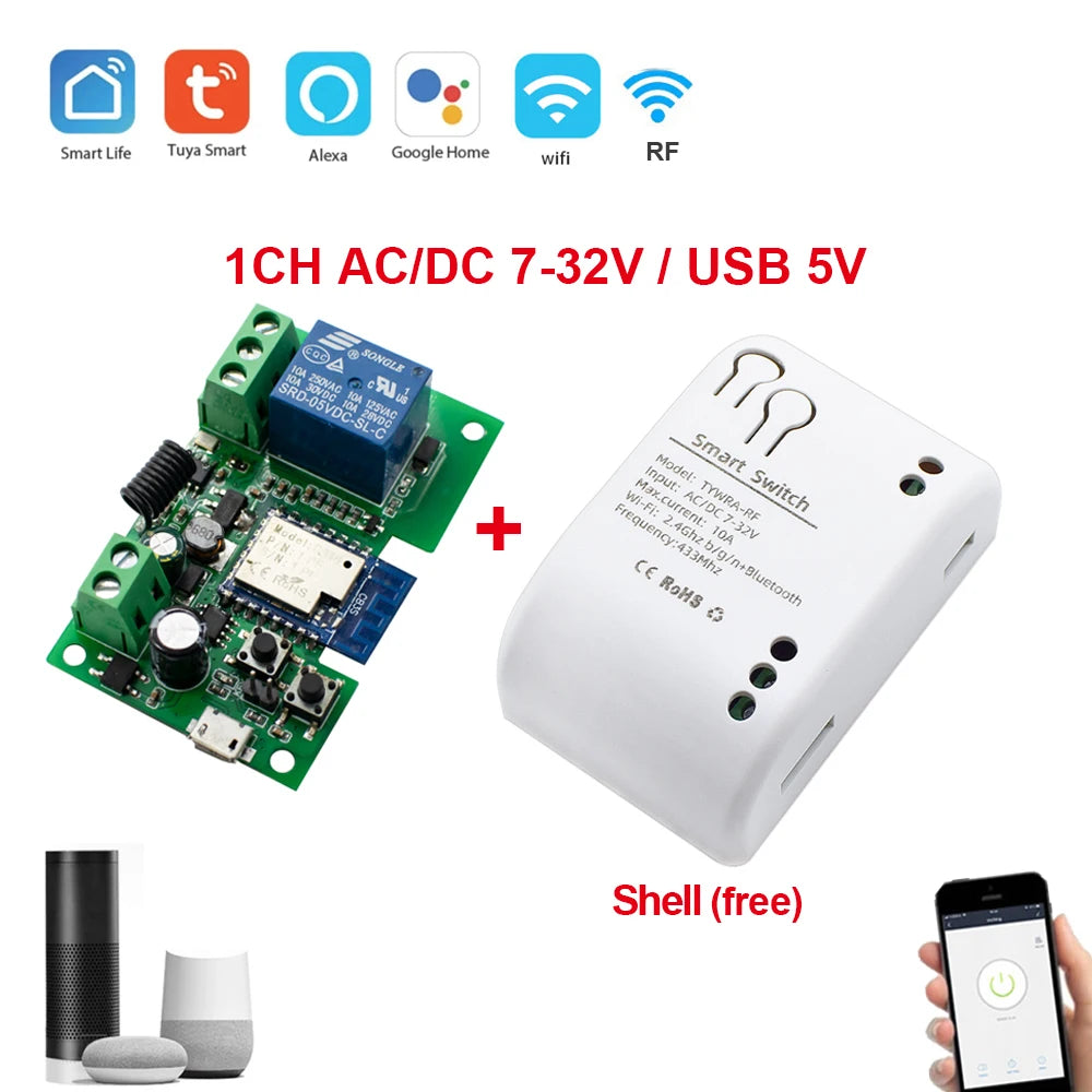 Tuya Smart Home Switch Garage Door Receiver 1/2/4CH 433 RF Motor Module AC DC 7-32V 85 To 250V 220V 10A Relay Self-Locking